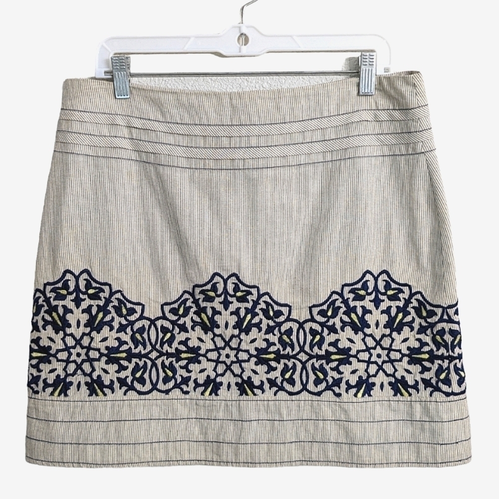 Floreat by Anthropologie linen blend beige navy embroidery lined mini skirt 8